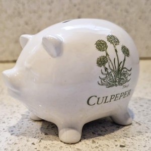 May include: White ceramic piggy bank with a green and white illustration of a plant with the word "Culpeper" printed on the bottom.