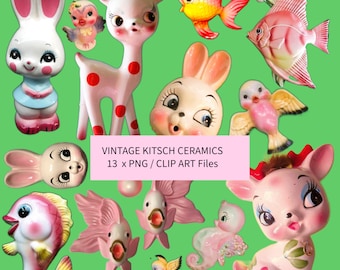 Vintage Kitsch Ceramic Art and Vintage Toy  Pictures - 13 x Transparent Background PNG files - INSTANT DOWNLOAD