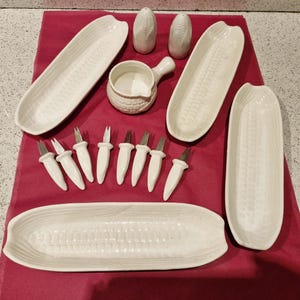 Vintage Corn on the Cob Dinner Set: Ceramic Dishes, Forks, Salt & Pepper