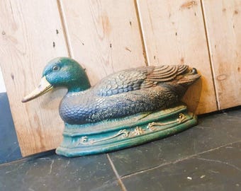 Fermaporta vintage in ghisa a forma di anatra: germano reale dipinto a mano, decorazione in stile rustico
