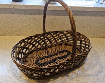 Vintage French Willow Gathering Basket: Hand Woven Trug