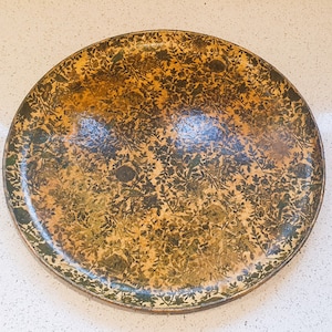Bandeja de laca de papel maché japonesa vintage, placa de laca de papel maché, acento dorado, pájaros y flores, negro y oro, bandeja de barra, 14 pulgadas