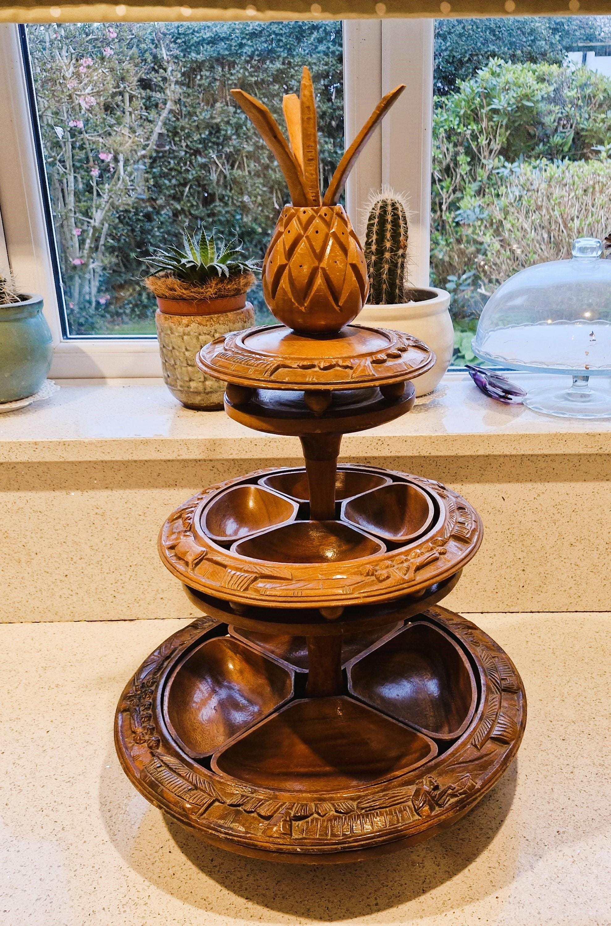 トップス Susan sale Vintage Wooden Lazy Susan: 3-tier Pineapple Tiki Serving Stand - Etsy