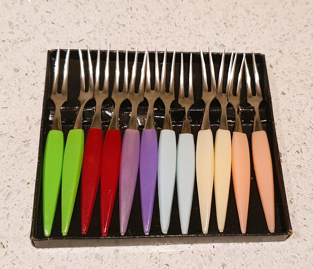 Vintage 1960s Pickle Forks, Boxed, 12 Little Forks, Coloured, Plastic