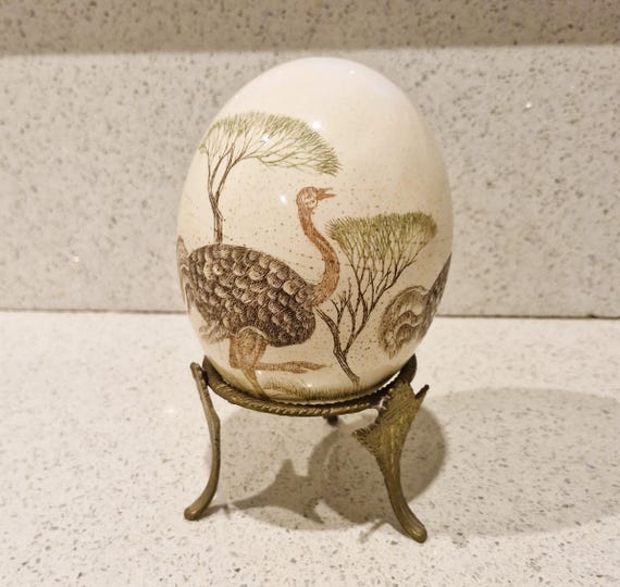 Vintage, Hand Painted, Ostrich Egg, Ornament, Ceramic, With Stand