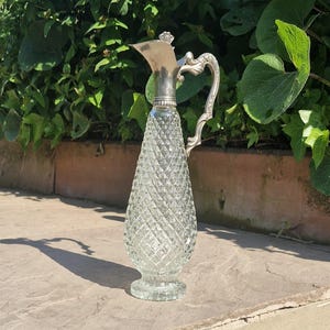 Vintage Italian Crystal and Silver Plated Decanter, Claret Jug, Wine Decanter, Vintage