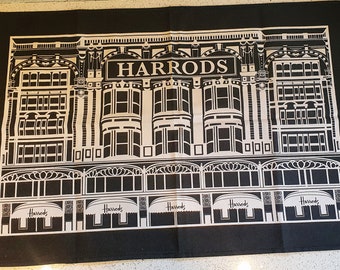 Harrods Tea Towel, Black and White, Store Front, Harrods Tea Towel, British, English, Great Britain, Iconic - RARE