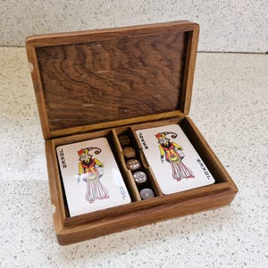 Vintage Spielkarten Box, Spielkarten, Holzbox, Pokerkarten, Poker, Wist, Würfel, Messing, Holz, Vintage Box,