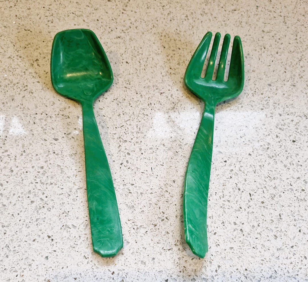 □ vintage WMF3600 salad servers bauhaus□ Vintage Bakelite Plastic Salad Servers, Set, Pair, Mottled Green