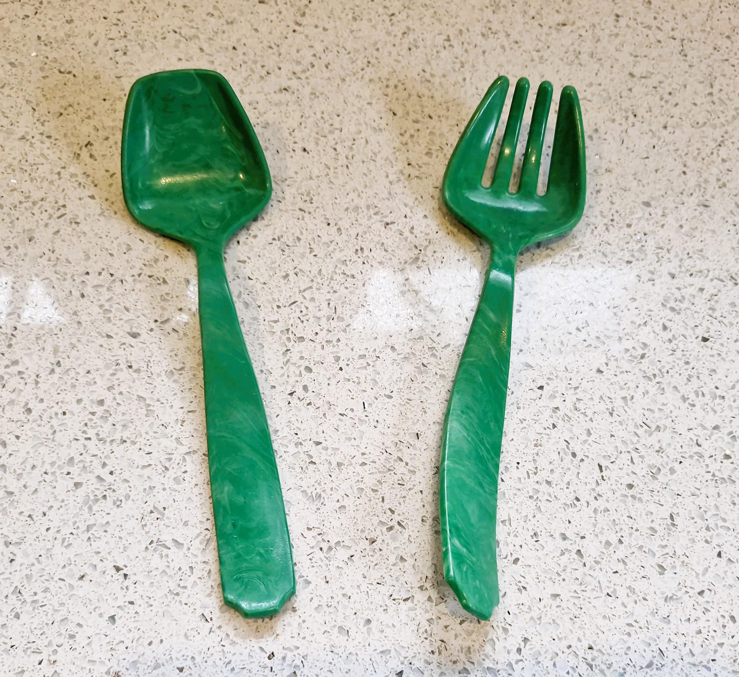 Vintage Bakelite Plastic Salad Servers, Set, Pair, Mottled Green