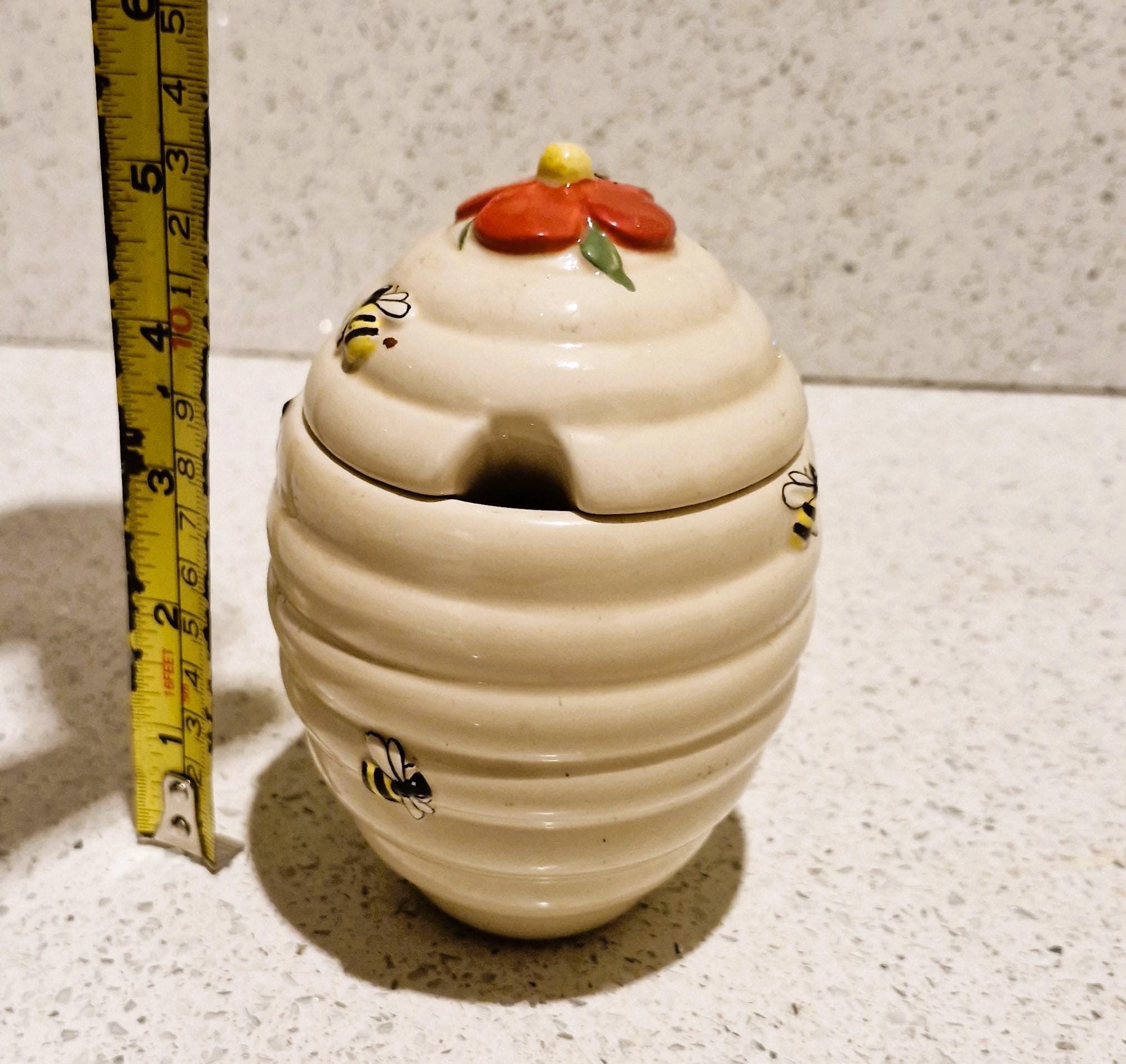 Pot à Miel Vintage En Faïence - Forme Ruche Avec Abeilles - Années 1960/70