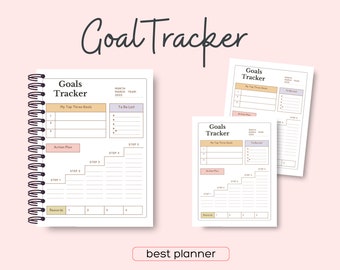 May include: A printable goal tracker planner with a light pink, light blue, and light orange color scheme. The planner has sections for "My Top Three Goals", "To Do List", "Action Plan", and "Rewards".