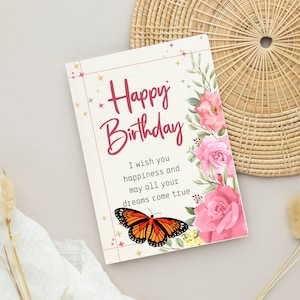 Rosa Beige Aquarell Blumen Geburtstagskarte, illustrierte Grußkarte, Blumen Briefpapier, alles Gute zum Geburtstag, feminine Karte