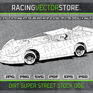 Pode incluir: Ilustração de arte de linha em preto e branco de um carro de corrida do tipo "dirt super street stock". O carro é visto de um ângulo ligeiramente elevado, mostrando o lado do motorista. O carro tem uma grande asa traseira e um pequeno spoiler dianteiro. O carro é etiquetado como "DIRT SUPER STREET STOCK 006".