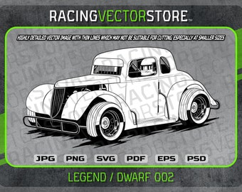 May include: Black and white line art illustration of a vintage racing car. The car has a driver in the cockpit and is in motion. The image is labelled "LEGEND / DWARF 002".