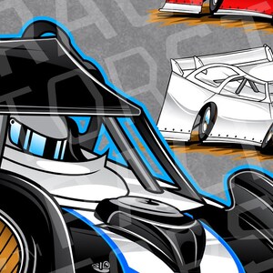 May include: A white and black race car with a blue stripe and a black roll cage. The car is on a dirt track and has a driver in the cockpit.