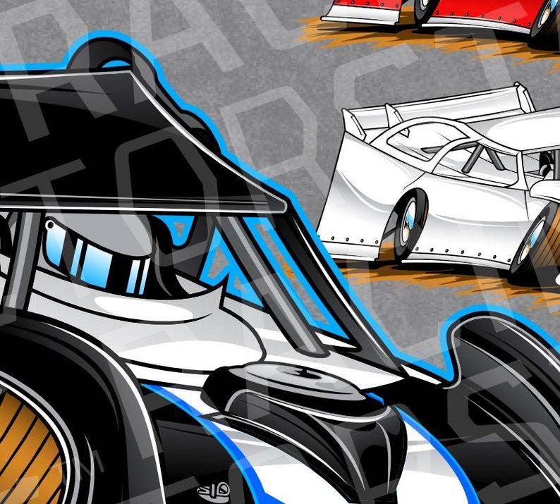 May include: A white and black race car with a blue stripe and a black roll cage. The car is on a dirt track and has a driver in the cockpit.
