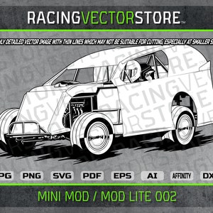 May include: Black and white line art illustration of a race car, a mini mod or mod lite, with the text "MINI MOD / MOD LITE 002" below the car.