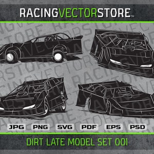 Pode incluir: Quatro ilustrações em silhueta preta e branca de um carro de corrida do tipo "dirt late model" em diferentes ângulos. O texto "RACINGVECTORSTORE" está no topo da imagem. O texto "DIRT LATE MODEL SET 001" está na parte inferior da imagem. O texto "JPG PNG SVG PDF EPS PSD" está no meio da imagem.