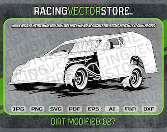 May include: Black and white line art illustration of a dirt modified race car. The car is viewed from a slightly elevated angle, showing the driver's side. The car has a large rear wing and a roll cage. The car is labeled "DIRT MODIFIED 027".