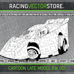 Cartoon dirt late model race car highly detailed vector image in .svg .ai .pdf .eps .png .jpg .dxf .affinity