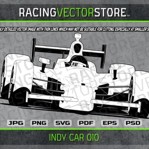 May include: Black and white line art illustration of an Indy car, a type of open-wheeled race car. The car is shown in profile view, with the front wheels turned slightly to the left. The car has a large, prominent wing on the rear, and the driver is visible in the cockpit. The text "INDY CAR 010" is printed below the car.