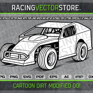 Cartoon dirt modified race car highly detailed vector clip art image in .svg .ai .pdf .eps .png .jpg .dxf .affinity
