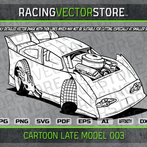 Cartoon dirt late model race car highly detailed vector image in .svg .ai .pdf .eps .png .jpg .dxf .affinity