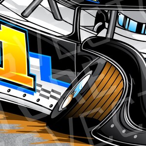May include: A black and white race car with a yellow number "1" on the side. The car is flipped over on its side with the tire facing up. The tire is brown with black stripes.