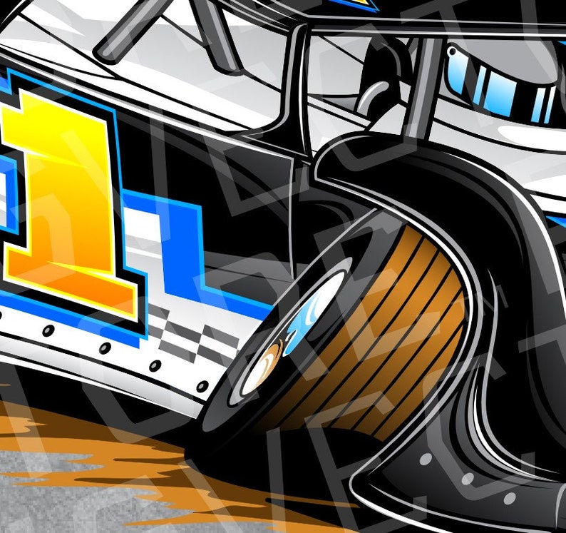 May include: A black and white race car with a yellow number "1" on the side. The car is flipped over on its side with the tire facing up. The tire is brown with black stripes.