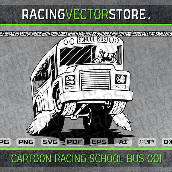 Cartoon racing school bus highly detailed vector image in .svg .ai .pdf .eps .png .jpg .dxf .affinity