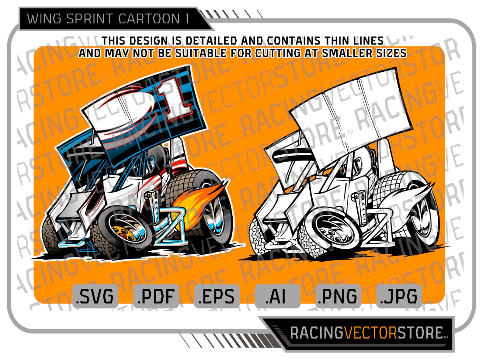 Cartoon Winged Sprint Car Highly Detailed Vector Image In Svg Etsy