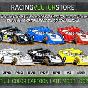 May include: Six cartoon illustrations of late model race cars in different colors, including black, white, blue, red, and yellow. The cars are all facing forward and have a similar design. The image includes the text "FULL COLOR CARTOON LATE MODEL 002".