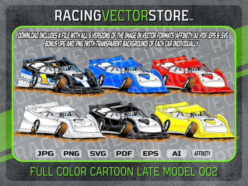 May include: Six cartoon illustrations of late model race cars in different colors, including black, white, blue, red, and yellow. The cars are all facing forward and have a similar design. The image includes the text "FULL COLOR CARTOON LATE MODEL 002".