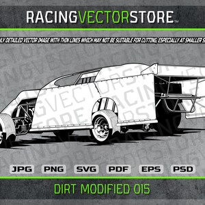 Può includere: Illustrazione in bianco e nero a linee di un'auto da corsa modificata per la terra. L'auto ha un'ampia ala sul retro e una gabbia di sicurezza. L'auto è su uno sfondo grigio. DIRT MODIFIED 015