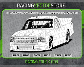 May include: Black and white line art illustration of a racing truck. The truck has a large grille, a roll cage, and a large rear wing. The truck is labelled "RACING TRUCK 003".