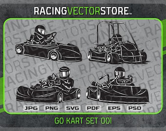 May include: Black and white vector illustrations of four go-karts with drivers, set against a gray background with the text "RACING VECTOR STORE." The image includes file format options: JPG, PNG, SVG, PDF, EPS, and PSD. The text "GO KART SET 001" is also present.