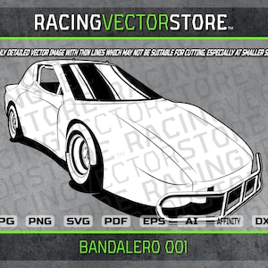 May include: Black and white line art illustration of a Bandalero 001 race car. The car is facing the viewer with the front bumper and grill visible. The car has a large spoiler on the back and a roll cage.