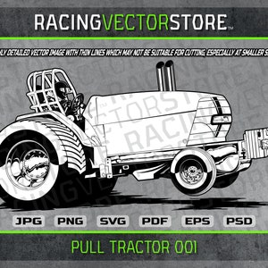 Könnte beinhalten: Schwarz-weiß-Linienzeichnung eines Zugtraktors. Der Traktor hat ein großes Hinterrad, ein kleineres Vorderrad und einen Überrollkäfig. Der Traktor ist mit "PULL TRACTOR 001" beschriftet.