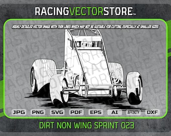 May include: Black and white line art illustration of a dirt non-wing sprint car. The car is facing forward with the front wheels turned slightly to the left. The car has a roll cage, a driver's seat, and a large rear wing. The car is on a dirt track. The text "DIRT NON WING SPRINT 023" is below the car.