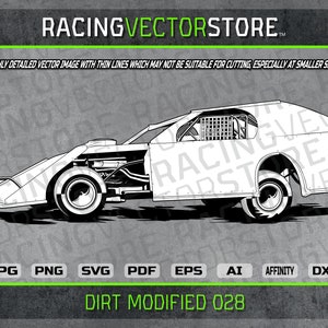 Pode incluir: Ilustração de linha preta e branca de um carro de corrida modificado para terra. O carro é visto de lado e está virado para a direita. O carro tem uma gaiola de segurança, um assento de motorista e uma asa traseira. O carro é etiquetado como "Dirt Modified 028".