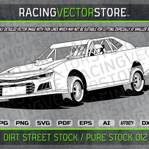 Pode incluir: Ilustração de arte de linha em preto e branco de um carro de corrida de pista de terra. O carro é um carro de estoque moderno com uma grande grade frontal e um spoiler na traseira. O carro é rotulado como "Dirt Street Stock / Pure Stock 012".