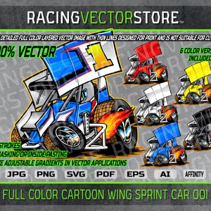 Cartoon wing sprint car race car highly detailed FULL COLOR clip art vector image in .svg .ai .pdf .eps .png .jpg .affinity