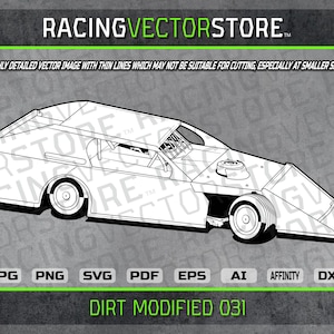 Pode incluir: Ilustração vetorial a preto e branco de um carro de corrida dirt modified. A imagem inclui o texto "RACINGVECTORSTORE" e "DIRT MODIFIED 031". Disponível nos formatos JPG, PNG, SVG, PDF, EPS, AI, Affinity e DXF.