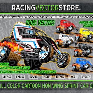 Cartoon non wing sprint car race car highly detailed FULL COLOR clip art vector image in .svg .ai .pdf .eps .png .jpg .affinity
