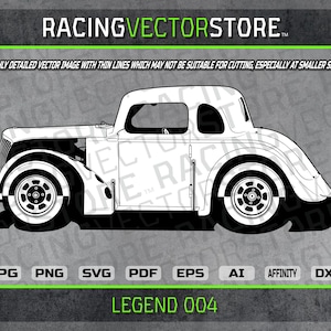 May include: A black and white line drawing of a vintage car, side view, with the text "LEGEND 004" below the car.