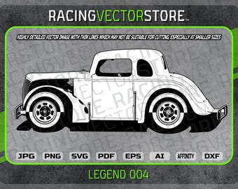 May include: A black and white line drawing of a vintage car, side view, with the text "LEGEND 004" below the car.