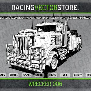 Puede incluir: Ilustración en blanco y negro de un camión de remolque. El camión tiene una parrilla grande y una plataforma larga con un cabrestante. El camión está etiquetado como "Wrecker 006".