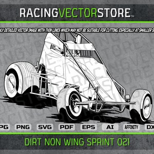 May include: Black and white line art illustration of a dirt non-wing sprint car. The car is viewed from the side and has a driver in the cockpit. The car has a large front tire and a smaller rear tire. The car is on a dirt track.  DIRT NON WING SPRINT 021