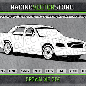May include: A black and white line drawing of a Crown Victoria car. The car is facing the viewer and has a detailed front grille and headlights. The image is labeled "CROWN VIC 002".